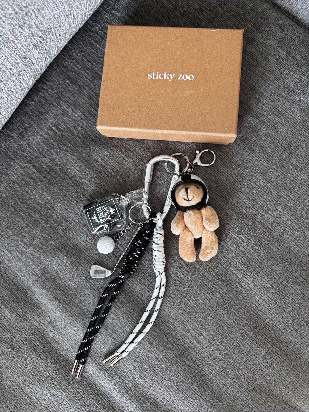 Fun exclusive set of Black, White & beige Keychain with Bear, Golf & Cord Charms
